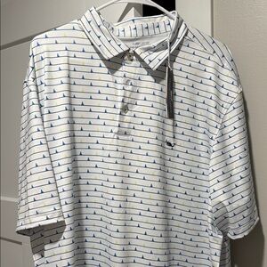 Vineyard Vines White Polo with Blue and Yellow Sailboat Pattern